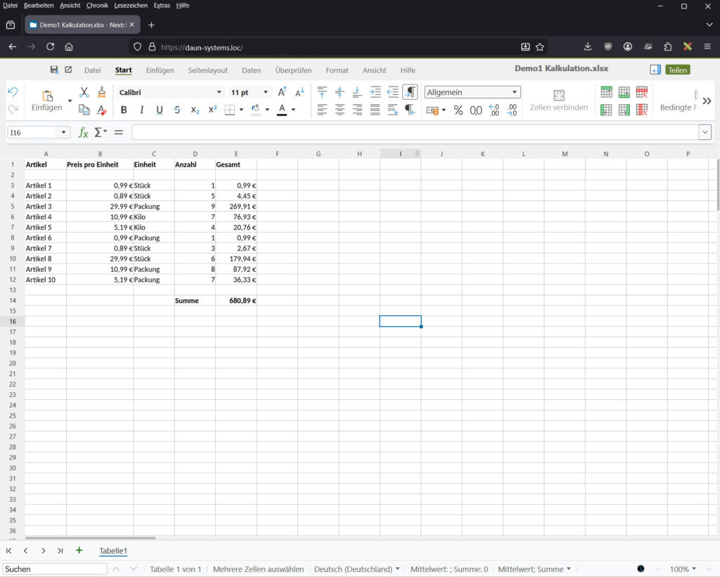 Tabellenkalkulation in Nextcloud Collabora