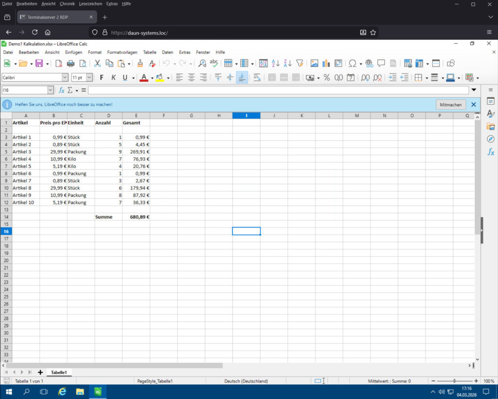 Tabellenkalkulation in RDP über Guacamole im Browser